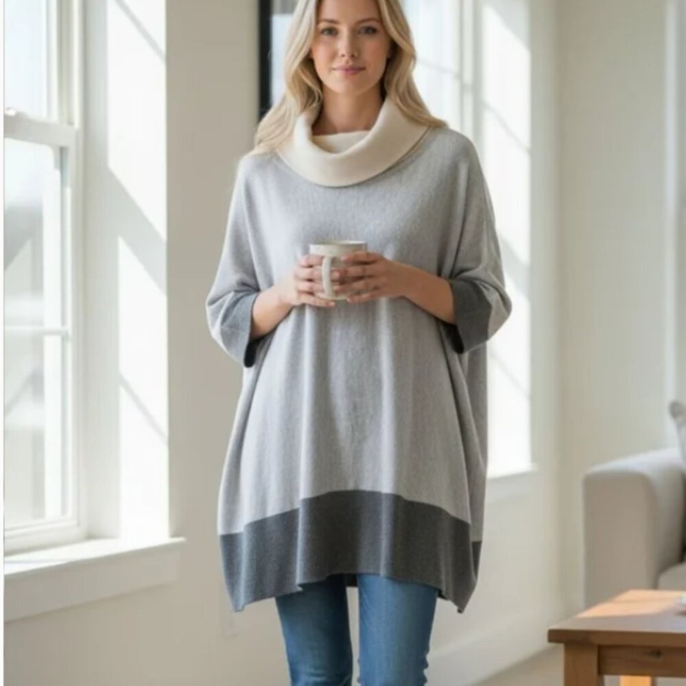 WHBM Women's Cowl Neck Sweater Size XL Grey Blue Color Block Dolman‎ 3/4 Sleeve